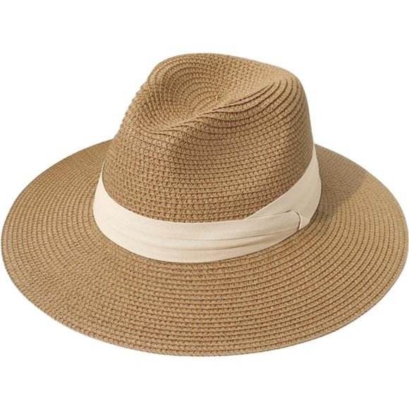 Women Wide Brim Straw Panama Roll up Hat Beige/Brown